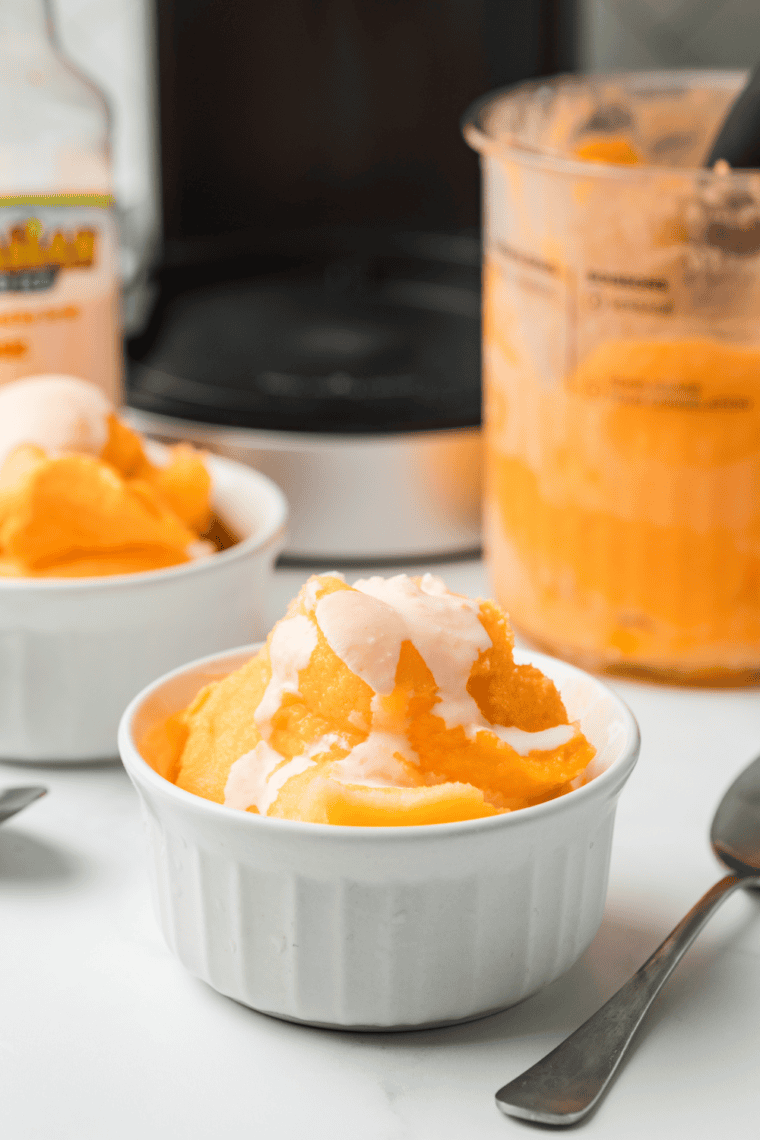 Bowl of orange Italian ice with an orange slice on the rim