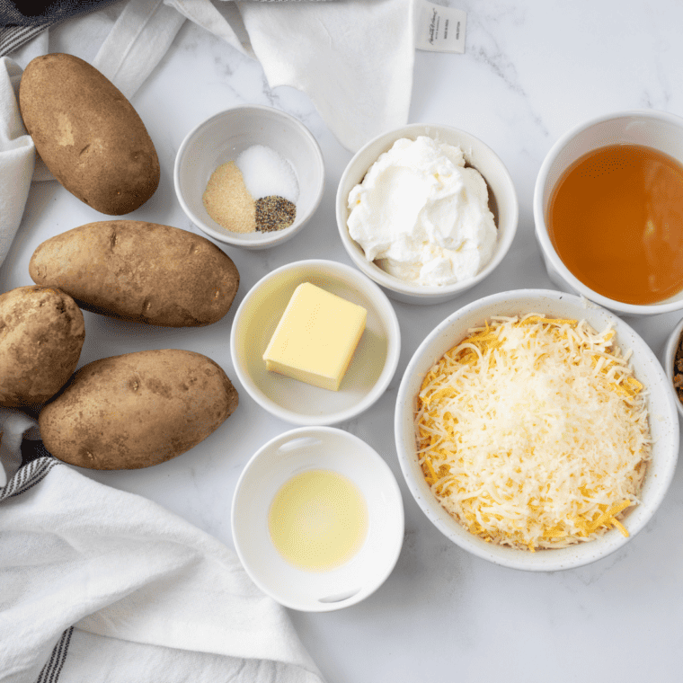Large russet potatoes, cheddar, broccoli, bacon and sour cream for a loaded baked potato