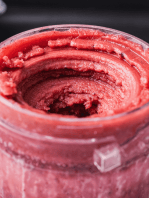 Blueberry lemon ice cream scooped from the Ninja Creami pint