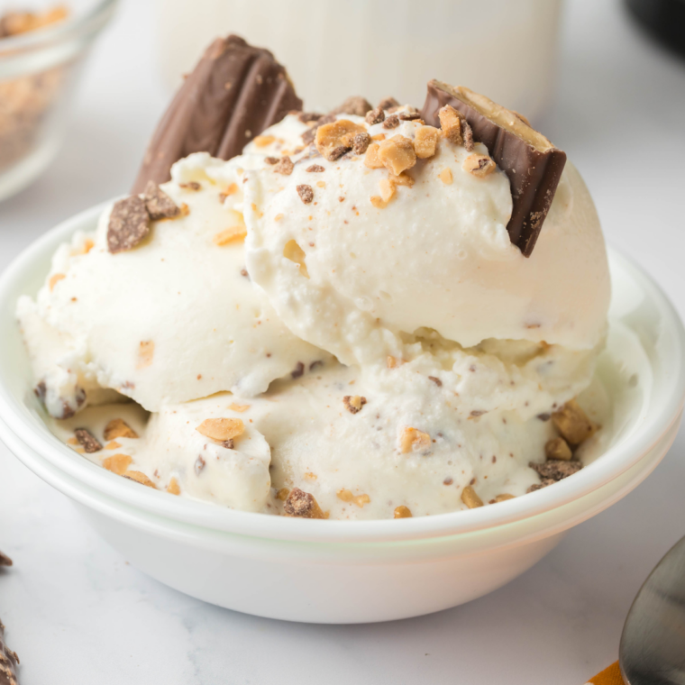 Bowl of homemade Ninja Creami ice cream with a spoon resting in it