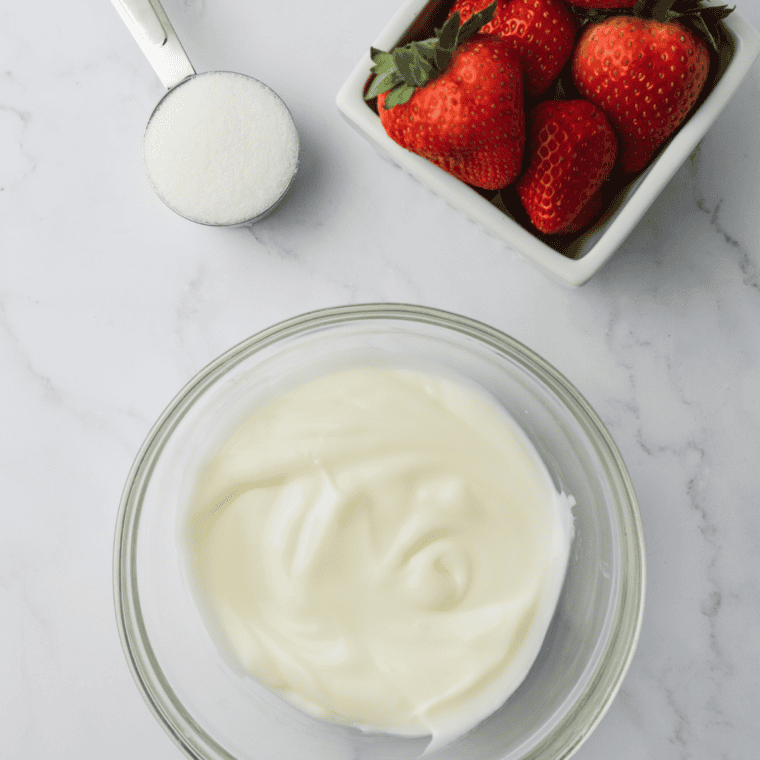 Plain Greek yogurt, fresh strawberries, honey, whole milk, vanilla, and lemon in small bowls