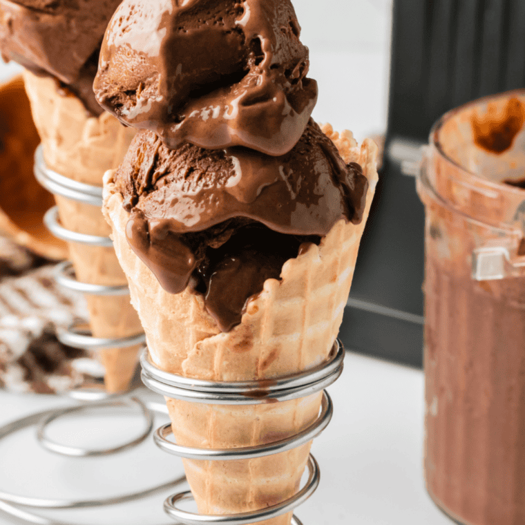 Homemade Ninja Creami chocolate ice cream in a waffle cone