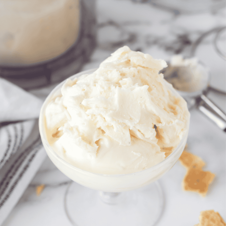 Ninja Creami vanilla Greek yogurt ice cream in a white bowl with a spoon