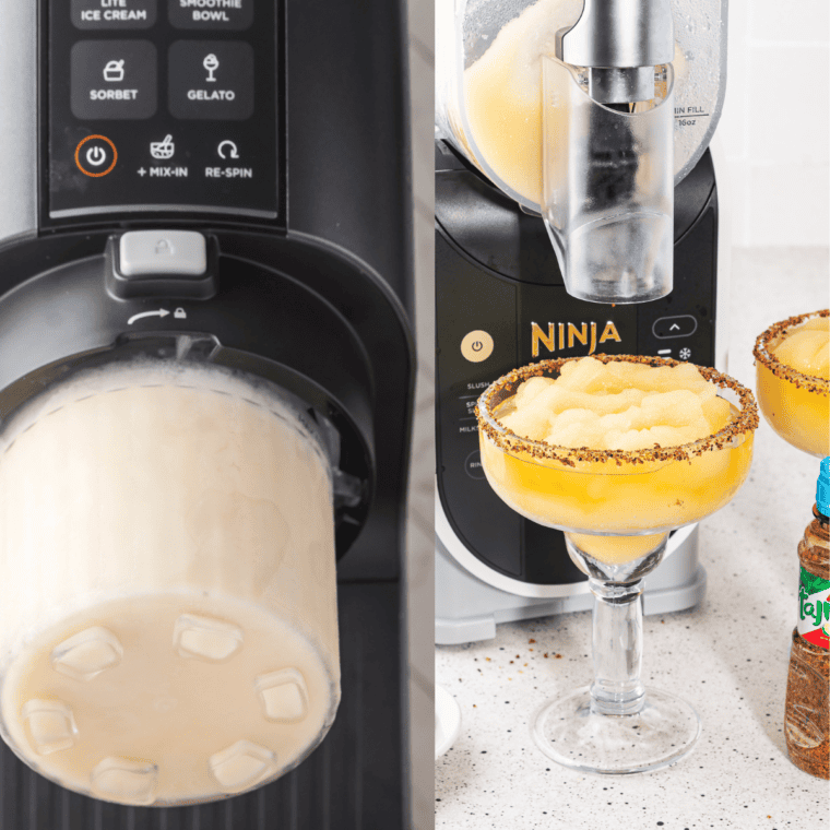 Ninja Creami vs Ninja Slushi machines side by side on a kitchen counter with ice cream and frozen slush