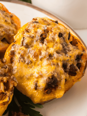 Ninja Crispi stuffed peppers with melted Colby Jack cheese in the glass air fryer container, ready to serve