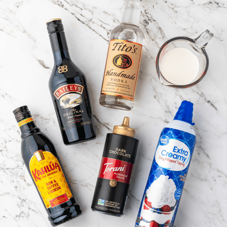 Ninja Slushi frozen mudslide ingredients: vodka, Kahlúa, Baileys, milk, half-and-half, and chocolate syrup