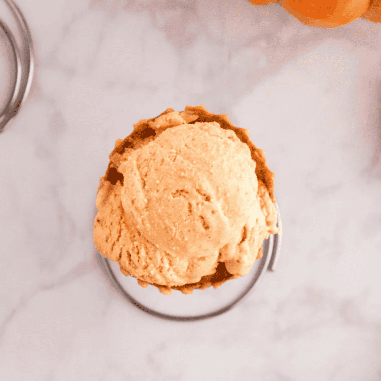 Pumpkin cottage cheese ice cream made in the Ninja Creami, scooped into a bowl