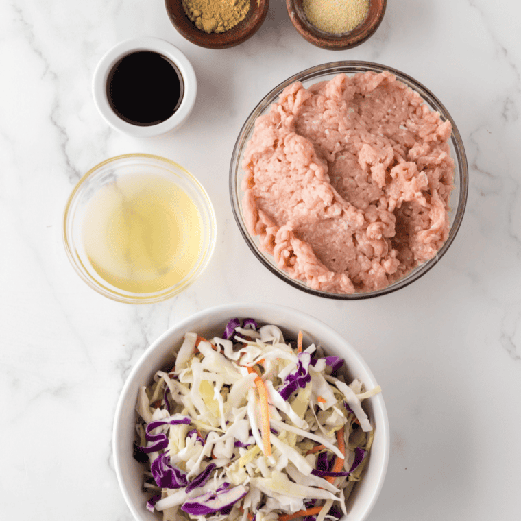 Ingredients for slow cooker chicken egg roll in a bowl: ground chicken, coleslaw mix, garlic, ginger, soy sauce, sesame oil, and green onions