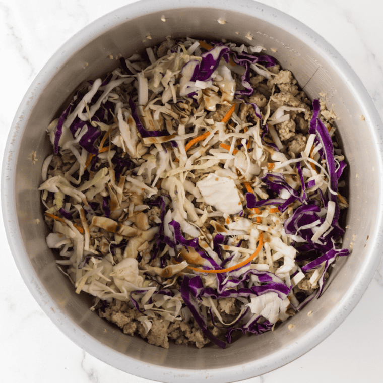 Shredded coleslaw mix piled high over browned ground chicken and sauce in a slow cooker before cooking