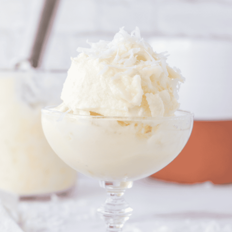 Scoop of sugar-free Ninja Creami ice cream in a white bowl showing its creamy texture