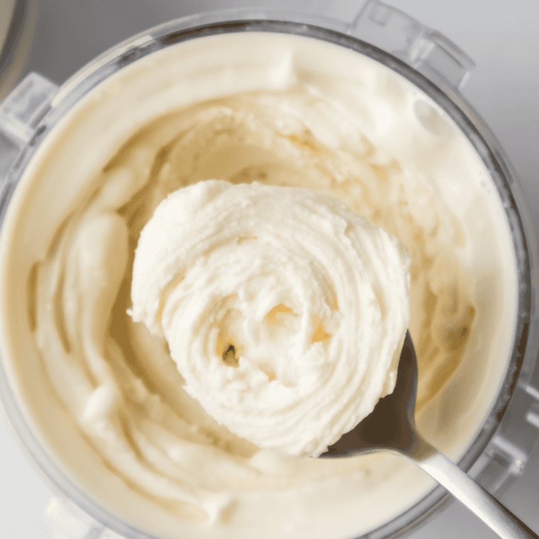 Bowl of creamy vanilla Ninja Creami ice cream made with the best milk for Ninja Creami, topped with a curl of soft serve