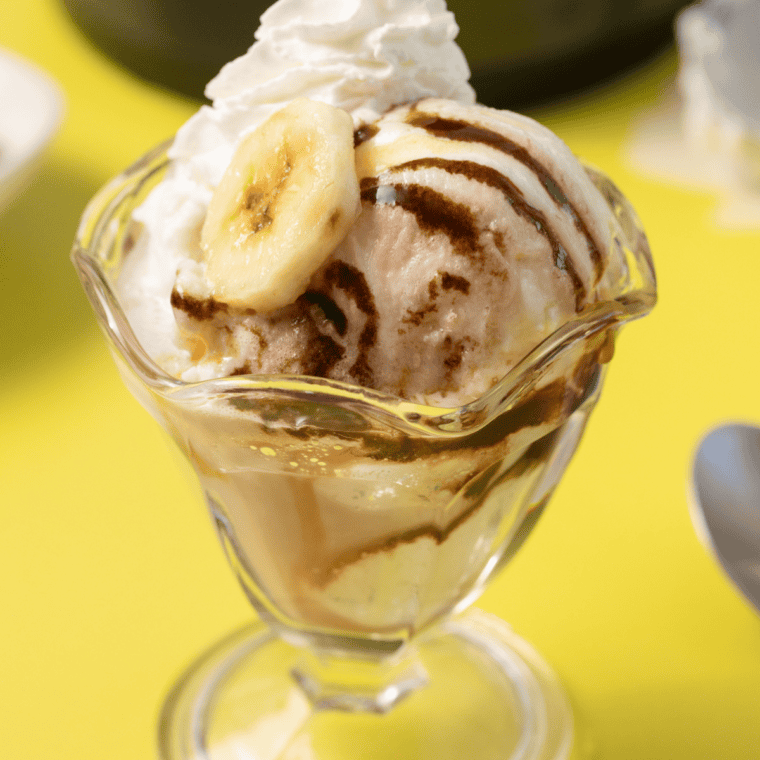 Dairy-free Ninja Creami banana nice cream in a bowl with sliced banana coins alongside