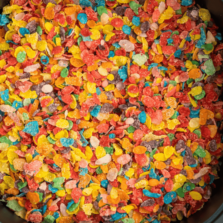 Fruity Pebbles and Rice Krispies folded into melted marshmallow with a spatula
