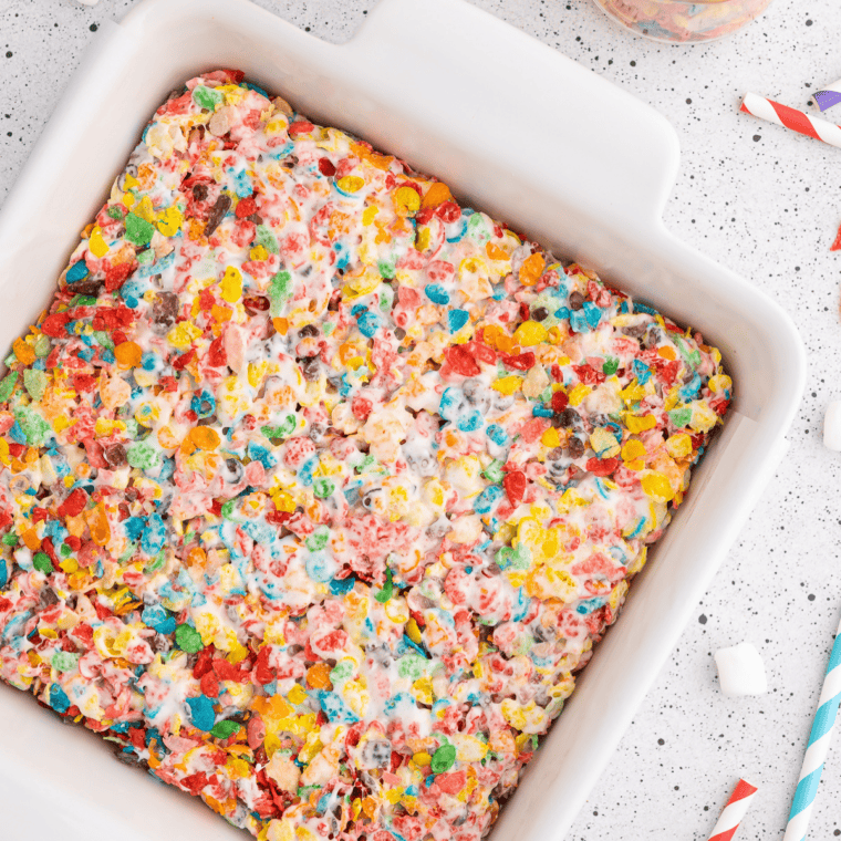 Pan of copycat Buc-ee's Fruity Pebbles rice crispy treats set and ready to cut
