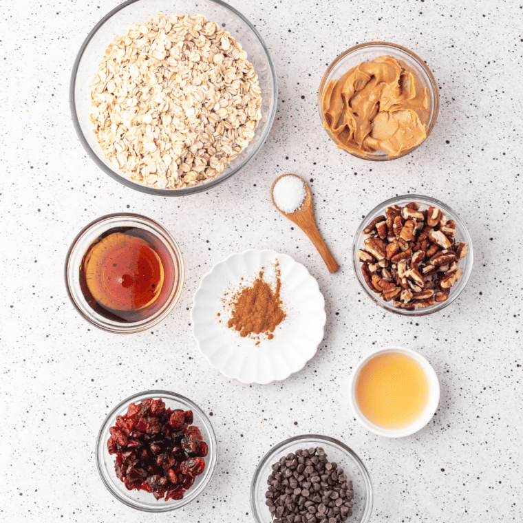 Ingredients for copycat Kashi GoLean Crunch including rolled oats, crisp rice cereal, sliced almonds, flaxseed, honey, and protein powder