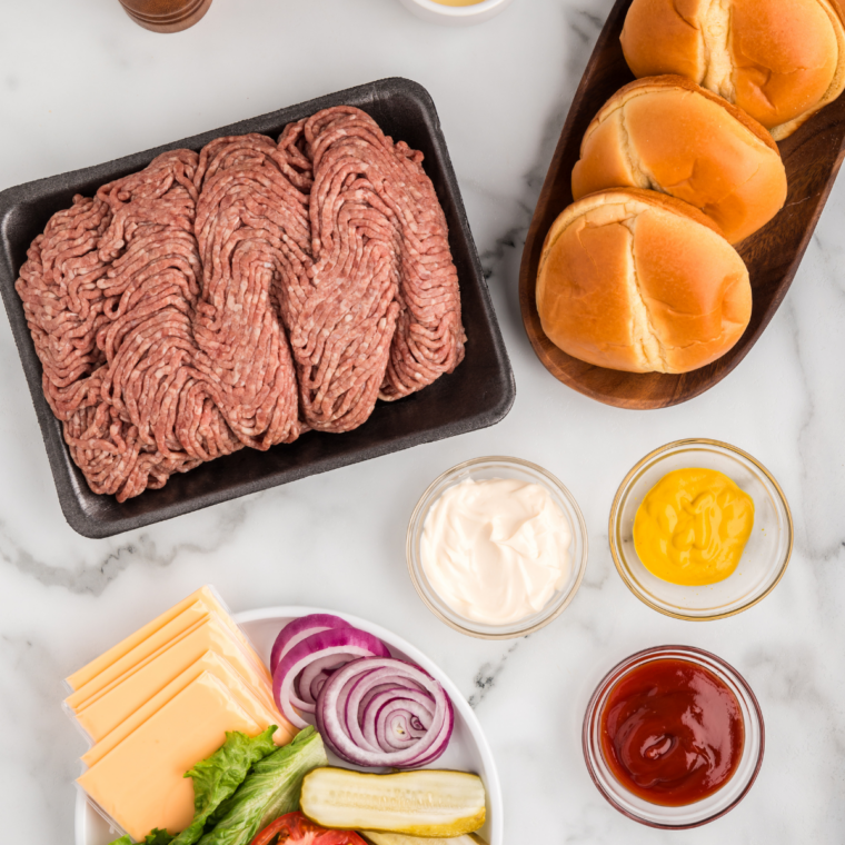 Steak and Shake butter burger ingredients, including ground beef, salted butter, yellow onion, American cheese, buns, and seasonings