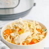 Bowl of copycat Denny's chicken noodle soup with egg noodles, carrots, celery, and chicken in golden broth
