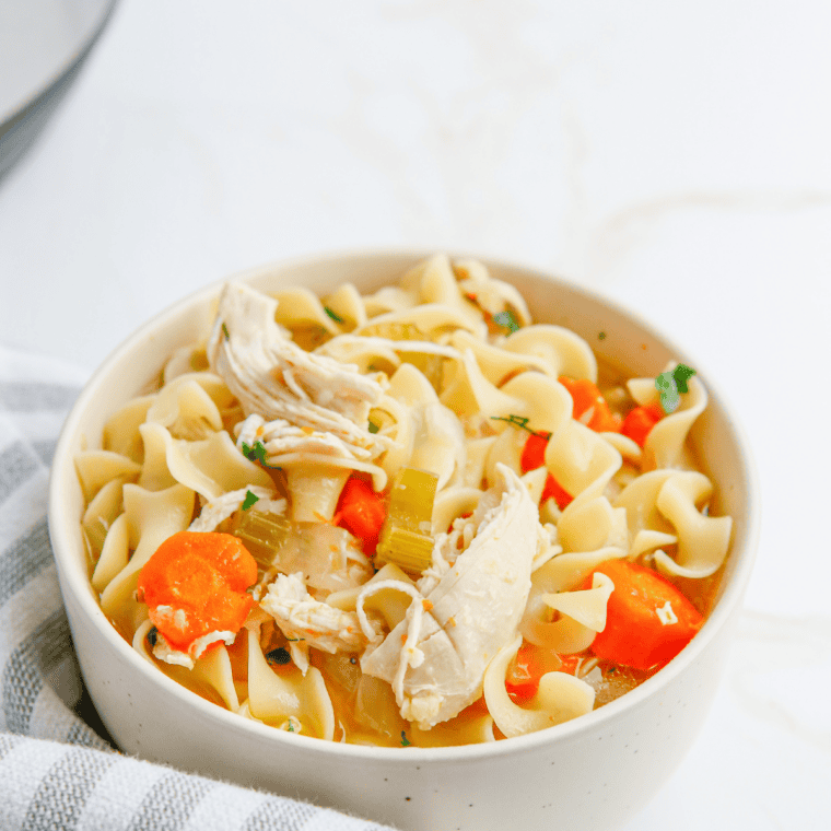 Finished pot of copycat Denny's chicken noodle soup with a ladle, ready to serve