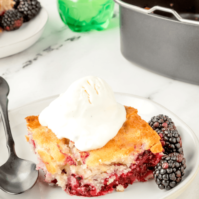 Ina Garten blackberry cobbler in a white baking dish with golden buttermilk biscuit topping, jammy purple filling and a scoop of vanilla ice cream