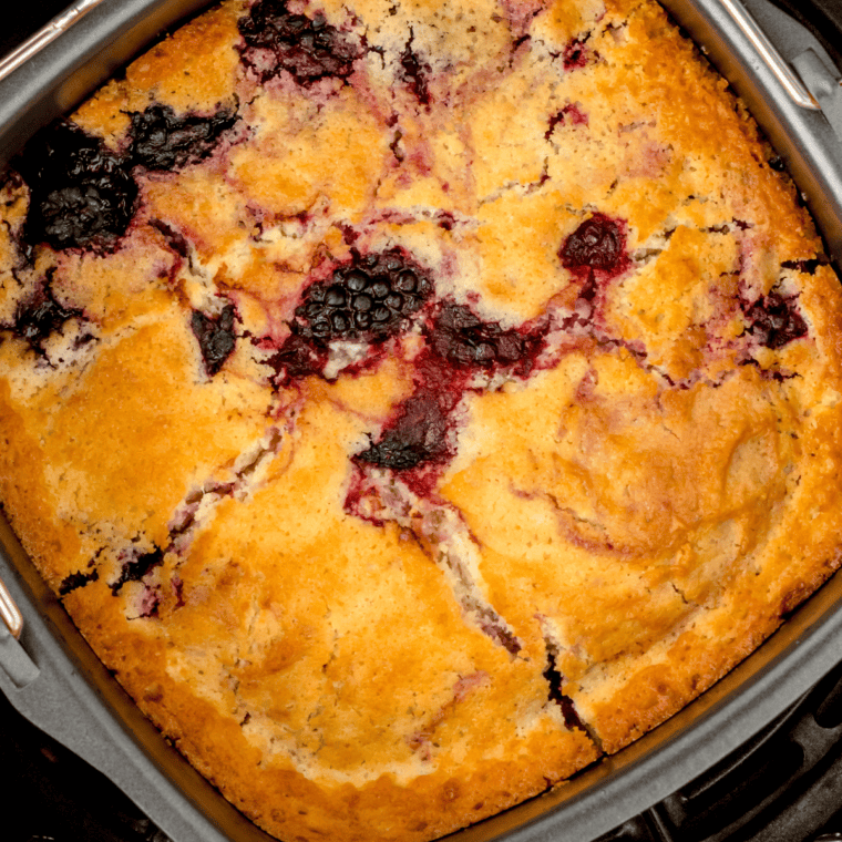 Close-up of Ina Garten blackberry cobbler showing crunchy sugar-topped biscuits and thick, glossy blackberry filling