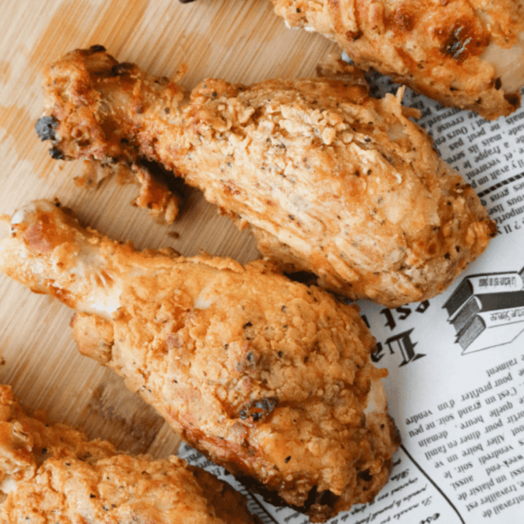 Crispy Ina Garten buttermilk fried chicken thighs and drumsticks on a wire rack