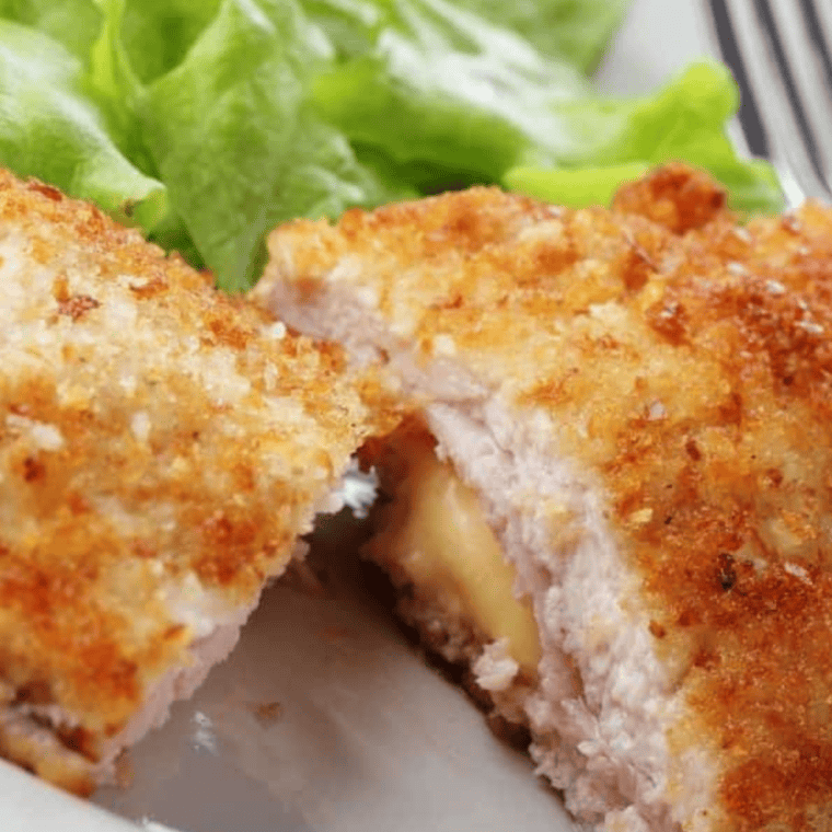 Close-up of crispy golden panko crust on Ina Garten chicken cordon bleu
