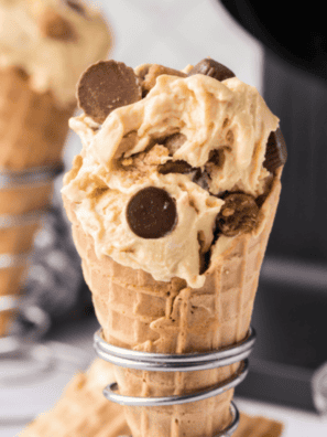 Bowl of homemade Ninja Creami Reese's Peanut Butter Cup ice cream with chunks of Reese's peanut butter cups on top