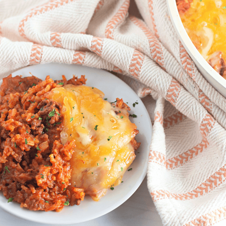 Taco rice skillet with ground beef, Rotel, and melted cheese served straight from the pan