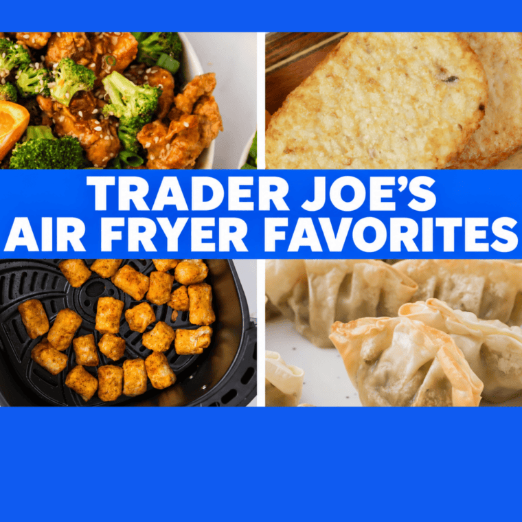 Collage of Trader Joe's frozen foods cooked in the air fryer including orange chicken, hash browns, cauliflower gnocchi and potstickers