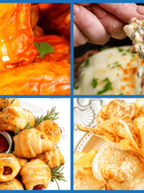 Game day spread of football appetizers including buffalo wings, spinach dip, pigs in a blanket and homemade chips