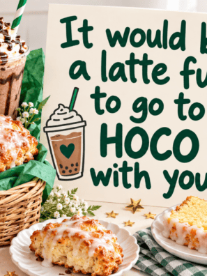 Starbucks-themed hoco proposal basket with homemade copycat lemon loaf, scones and a frappuccino next to a poster that reads "It would be a latte fun to go to hoco with you"