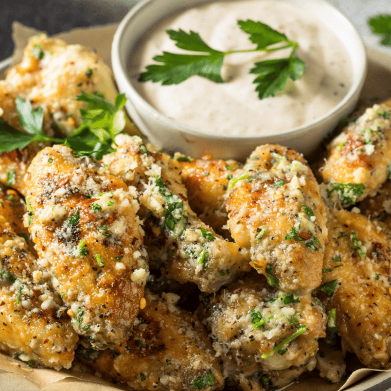 Crispy air fryer wings tossed in garlic butter and coated with parmesan seasoning in a mixing bowl