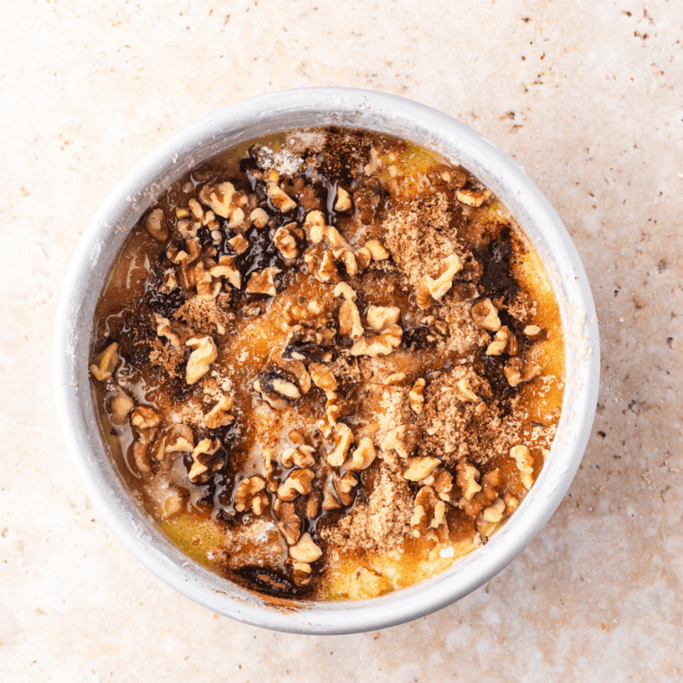 Brown sugar, cinnamon, and chopped walnuts sprinkled over cake mix before air frying
