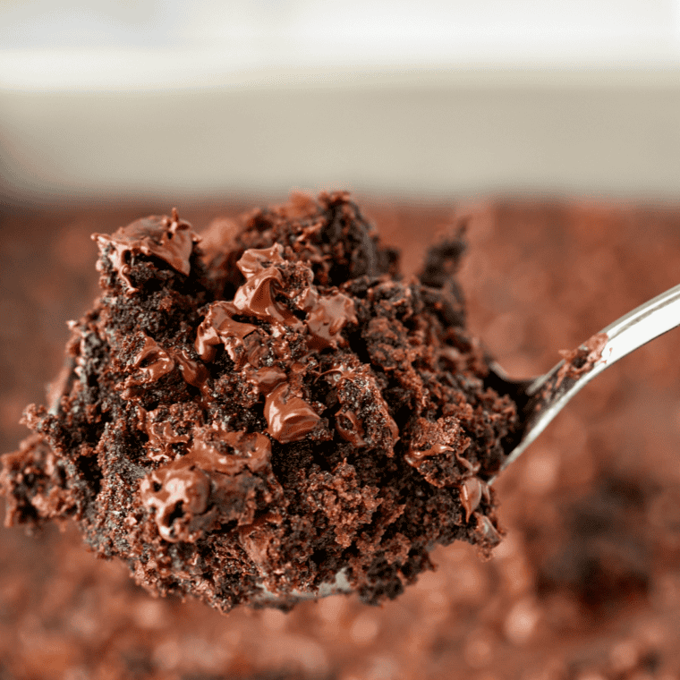 Slice of fudgy Coca-Cola cake on a white plate with a scoop of vanilla ice cream