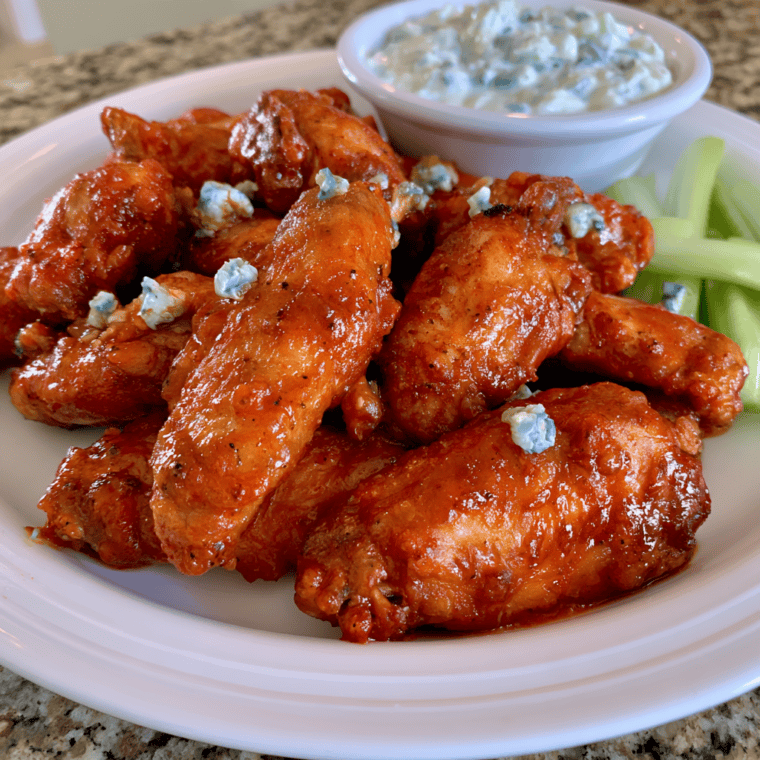 Extra crispy Ninja Foodi buffalo wings piled on a plate with dipping sauce