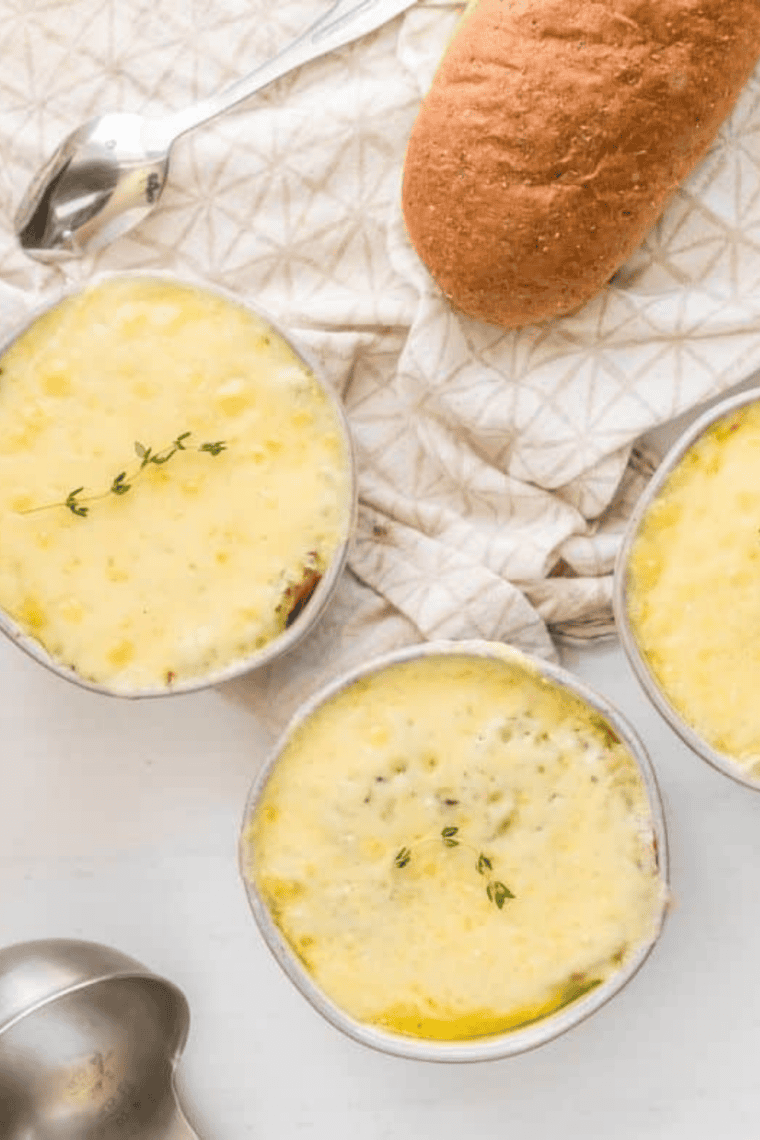 Homemade copycat Jason's Deli French onion soup with provolone and croutons