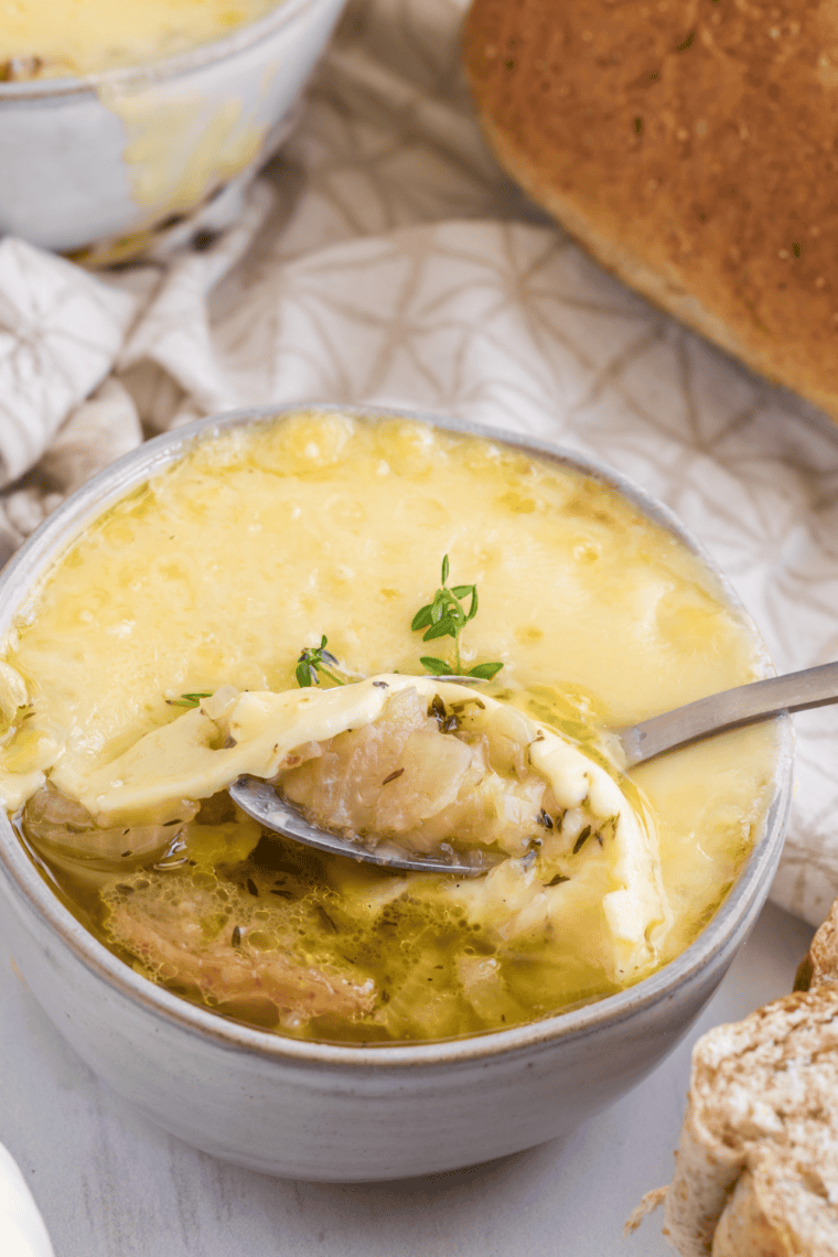 Spoonful of French onion soup lifted from the bowl, showing caramelized onions