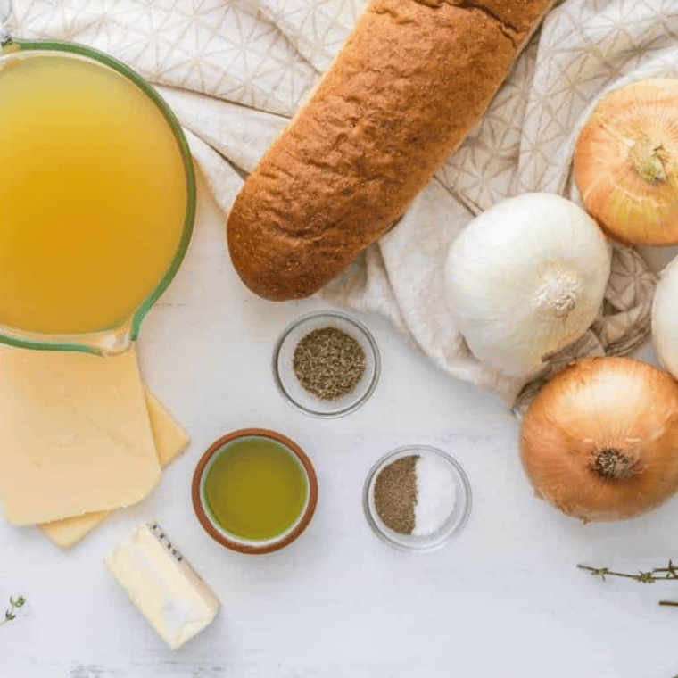 Ingredients for copycat Jason's Deli French onion soup: sliced yellow onions, beef broth, sherry, provolone, butter, thyme, and baguette