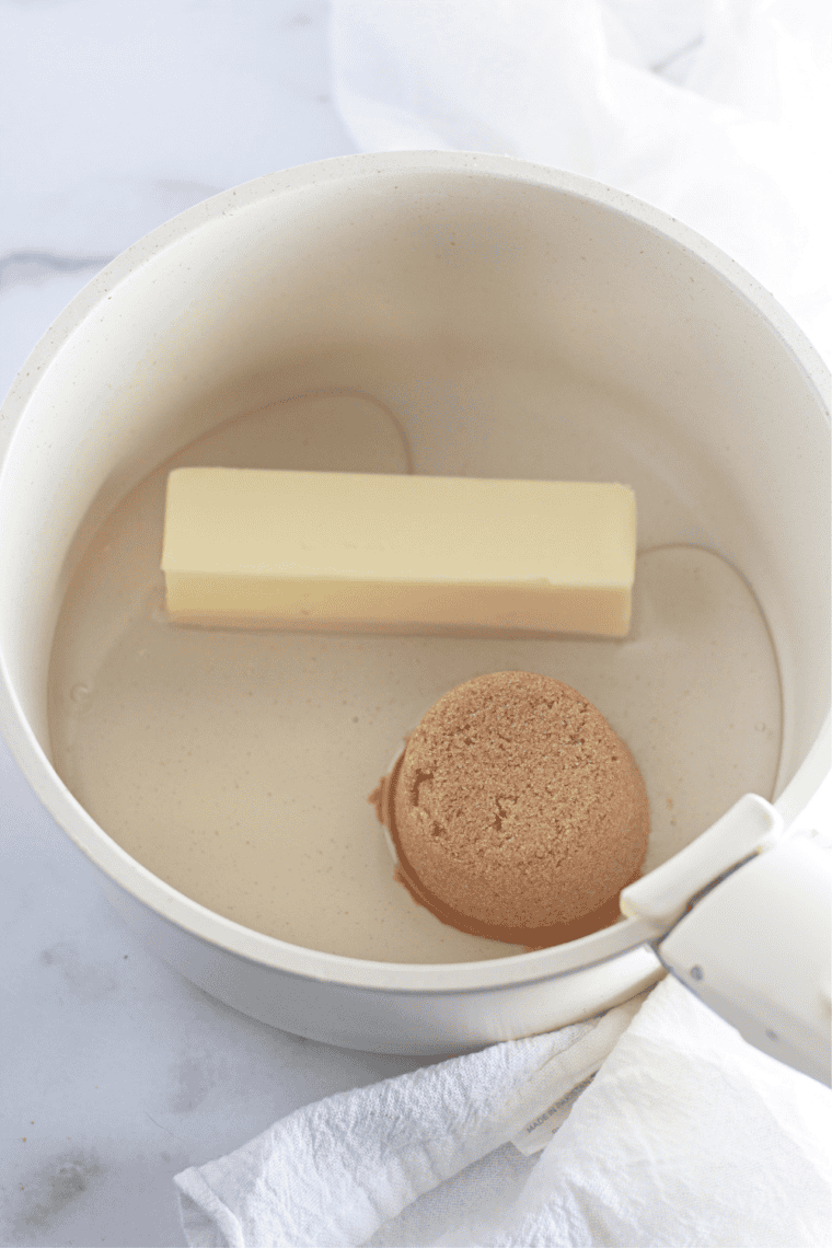 Make the praline coating: Brown sugar, corn syrup, and butter boiling in a medium saucepan for praline caramel
