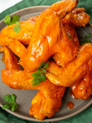 Copycat Culver’s buffalo sauce in a small white bowl next to crispy chicken tenders